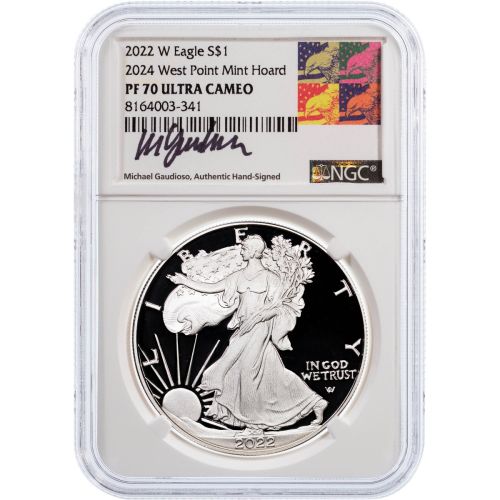 $1 2022-W (2024) Proof American Silver Eagle Reagan Warhol Gaudioso NGC Proof 70 Ultra Cameo West Point Mint Hoard