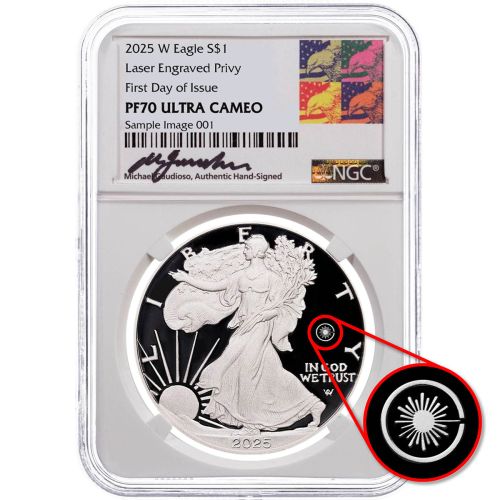 $1 2025-W American Silver Eagle Laser Engraved Privy NGC PF70 UCAM FDI Gaudioso Label