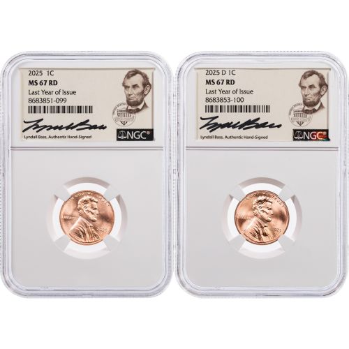 Set of 2: 2025-P & 2025-D Lincoln Cents MS67RD Lyndall Bass Hand Signed