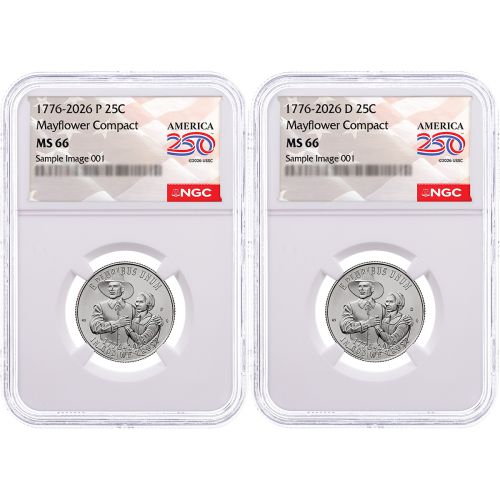 Set of 2: 1776-2026-P & D Mayflower Semiquincentennial Quarters NGC MS66 