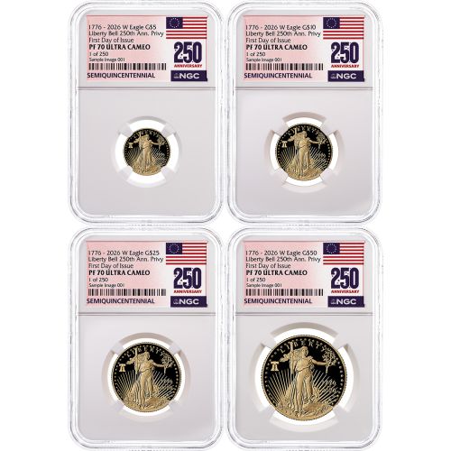 Set of 4:  1/10oz, 1/4oz, 1/2oz & 1oz 2026 American Gold Eagles NGC PF70 UCAM FDI 250th Anniversary Label 