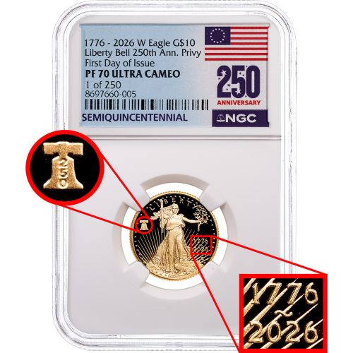 $10 1776-2026-W 1/4oz American Gold Eagle Liberty Bell Privy NGC PF70UCAM 250th Anniversary Label (1 of 250)