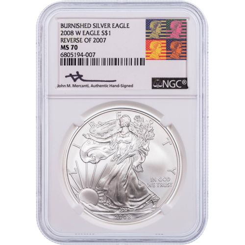 $1 2008-W Rev of 2007 American Silver Eagle NGC MS70 RML Regan Mercanti Label 