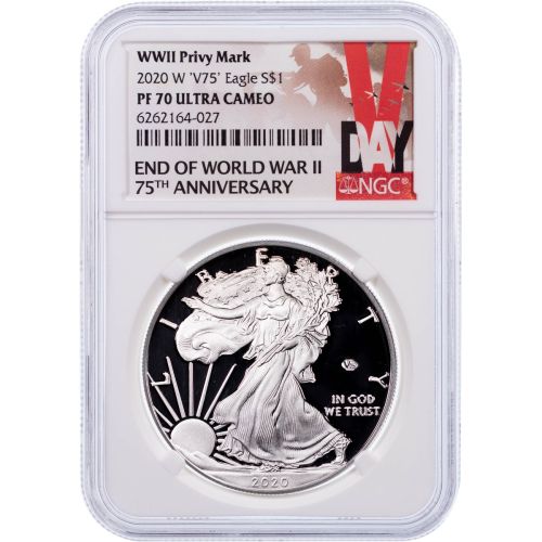 2020-W WWII Privy 75th Annv First Release Label American Silver Eagle NGC PF70 UCAM