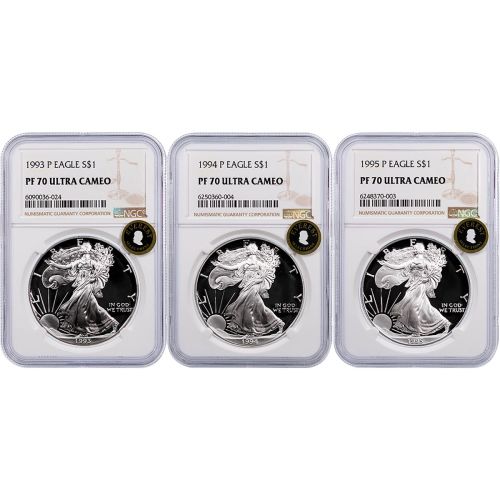 Set of 3: 1993-P - 1995-P American Silver Eagles NGC PF70 UCAM Everest