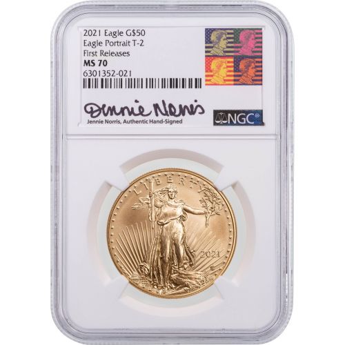 2021-W Type 2 1oz American $50 Gold Eagle NGC MS70 First Releases Jennie Norris Signed Label