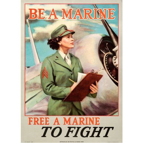 SOLD "Be a Marine. Free a Marine to Fight" 1942 World War II Full-Bleed Recruitment Poster, Unframed, 14.25x20