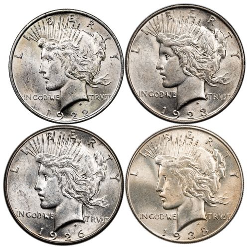Set of 4: 1922-P, 1923-D, 1926-S, and 1935-P Peace Dollars Brilliant Uncirculated