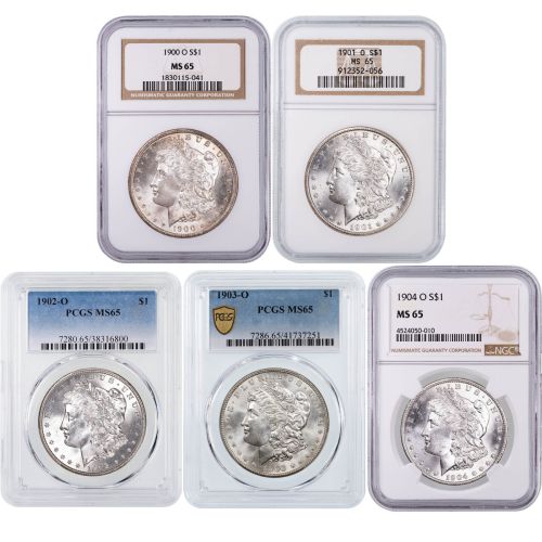 Set of 5: Morgan Silver Dollars Incl 1900-O- 1904-O NGC/PCGS MS65      