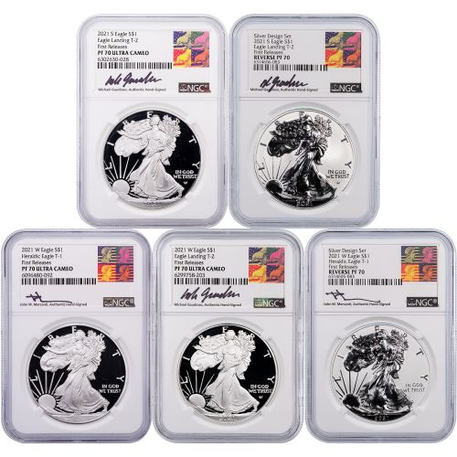 Set of 5: 2021-W Type 1 & Type 2, 2021-W & S Type 1 & Type 2 Reverse Proof, and 2021-S Type 2 American Silver Eagles NGC PF70UCAM Reagan Mercanti and Gaudioso Labels