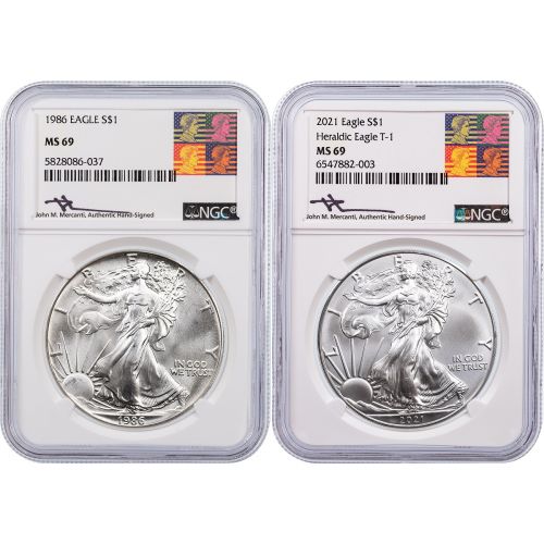 Set of 2: 1986 and 2021 American Silver Eagles NGC MS69 Reagan Mercanti Labels