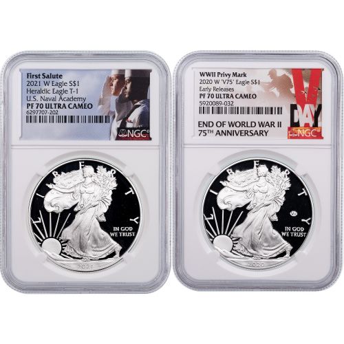 Set of 2: 2021-W Type 1 American Silver Eagle NGC PF70UCAM First Salute U.S. Navy & 2020-W WWII 75th Anniversary American Silver Eagle NGC PF70UCAM V-Day Label