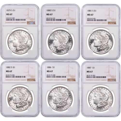Set of 6: Mixed Date/Mintmark Morgan Dollars MS67