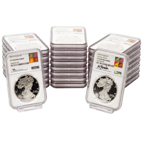 Set of 24: 2001 - 2024-W American Silver Eagles NGC PF70UCAM Mercanti/Gaudioso Label Includes: 2021 Type 1 & Type 2