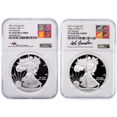 Set of 2: 2021-W Type 1 & Type 2 American Silver Eagles NGC PF70 UCAM Mercanti/Gaudioso Labels