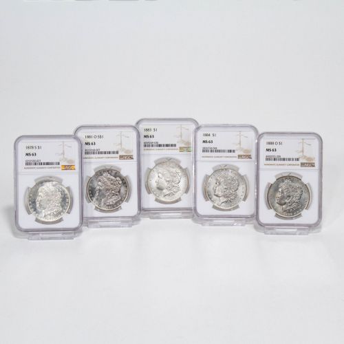 Set of 5: Varied Date Morgan Silver Dollars NGC/PCGS MS63    