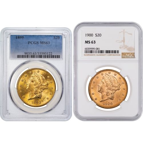 Set of 2: $20 1899-P & 1900-P Liberty Head Gold Double Eagles NGC/PCGS MS63