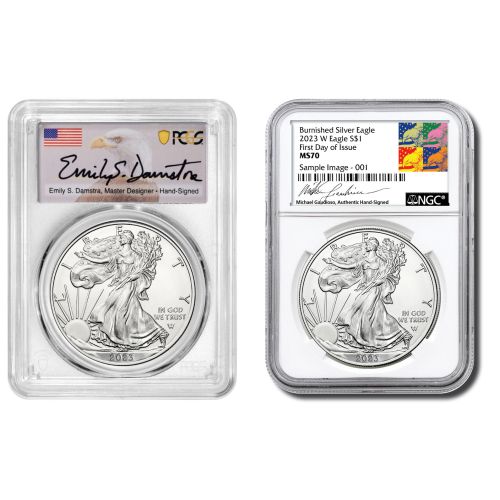 Set of 2: 2023-W Burnished American Silver Eagle NGC/PCGS MS70 FDI  Gaudioso and Damstra Signed Labels 