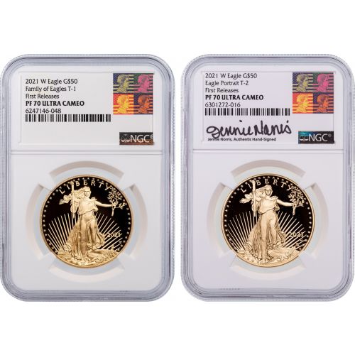 Set of 2: $50 2021-W American Gold Eagle Type 1 Reagan Label and Type 2 Reagan label First Release Jennie Norris Signed NGC PF70UCAM