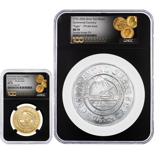 Set of 2: 1oz Gold & 5oz Silver 1776 - 2026 Continental Dollars NGC MS70 100 Greatest US Coins Label