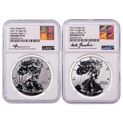 Set of 2: 2021-W Type 1 & 2021-S Type 2 American Silver Eagles Reagan/Gaudioso Label NGC Reverse Proof 70     