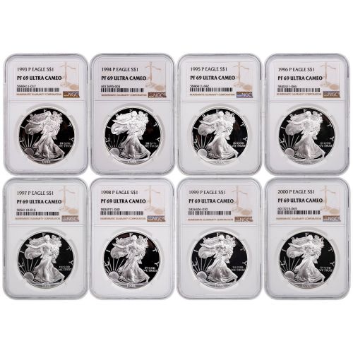 Set of 8: 1993-P-2000-P American Silver Eagles NGC PF69UCAM