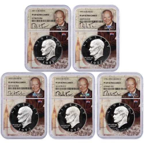 Set of 6: 1971-S - 1976-S Silver Eisenhower Dollars NGC PF69 UCAM I Like Ike Signed Series incl: 1990-P Ike Commem PF70  