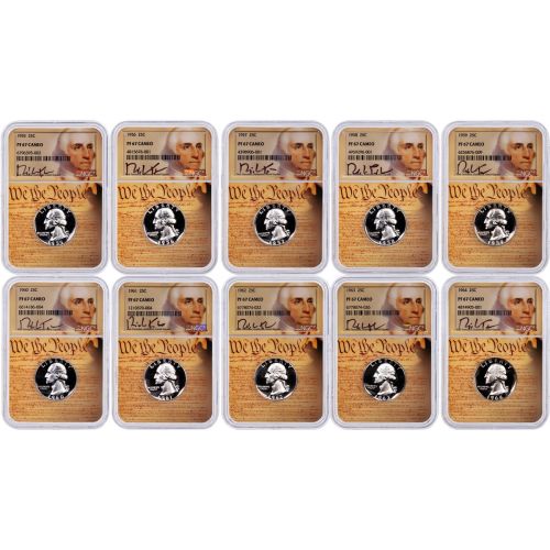 Set of 10: 1955 to 1964 Washington Quarters NGC Proof 67 Cameo Tomaska Signature Series
