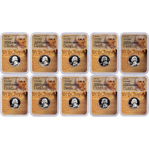 Set of 10: 1955 to 1964 Washington Quarters NGC Proof 69 Cameo Tomaska Signature Series