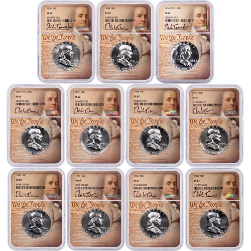 Set of 11: 1954 to 1963 Franklin Half Dollars NGC Proof 67 WTP Signature Series includes: 1956 Type 1 & Type 2
