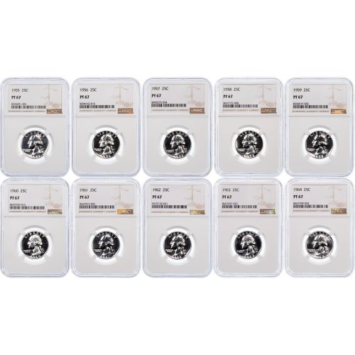 Set of 10: 1955-1964 Washington Quarters PF67