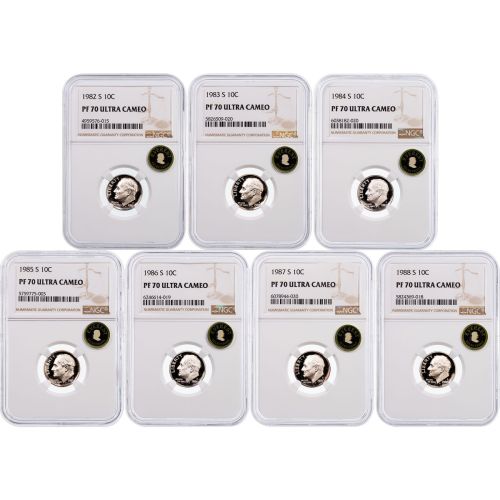 Set of 7: 1982-S to 1988-S Roosevelt Dimes NGC PF70 Ultra Cameo Everest