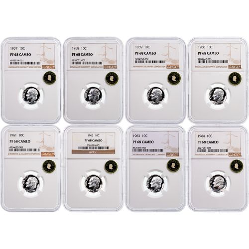 Set of 8: 1957 - 1964 Everest Roosevelt Dime NGC PF68 Cameo Bonus: Cameo Book Revised 2nd Edition