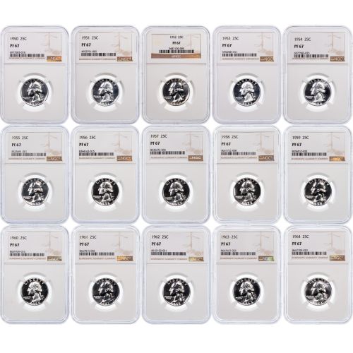 Set of 15: 1950-1964 Washington Quarters NGC PF67