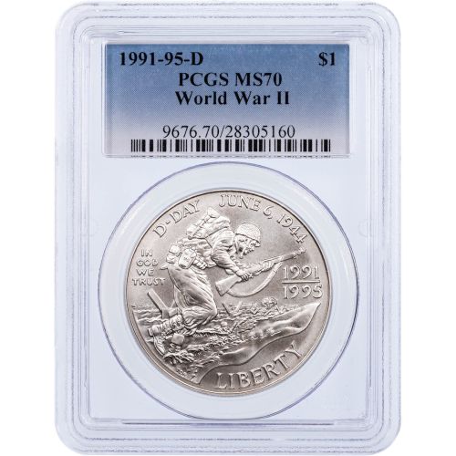  $1 1991-95-D WWII Commemorative Silver Dollar PCGS MS70