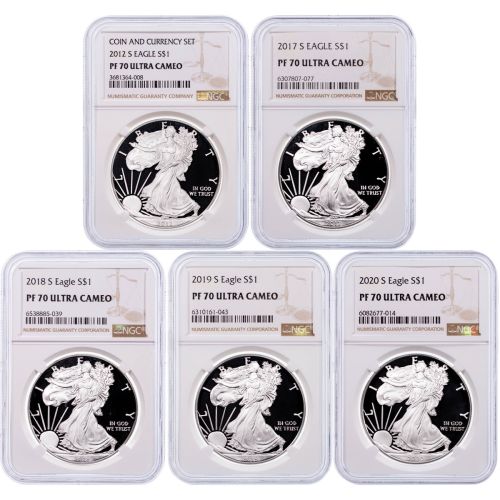 Set of 5: 2012-S - 2020-S American Silver Eagle "S" Mint Set NGC PF70 Ultra Cameo 