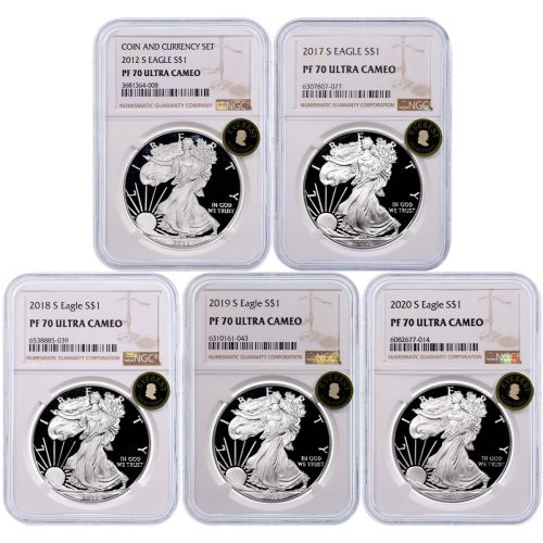 Set of 5: 2012-S – 2020-S American Silver Eagles NGC PF70 UCAM Everest