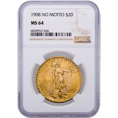 1908-P No Motto Saint-Gaudens $20 Double Eagle MS64