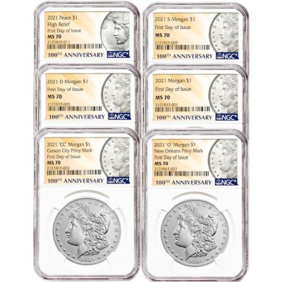 Set of 10: 100th Anniversary Ultimate Morgan And Peace Dollar Set 1921 P, D, S MS65, 2021 P, D, S, CC Privy, O, MS70 First Day of Issue