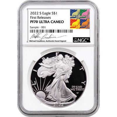 Set of 2: 2022-S American Silver Eagle NGC/PCGS PF70UCAM Gaudioso First Release and Damstra Signature First Strike