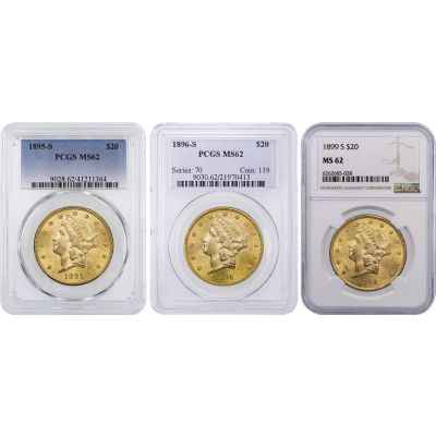 Set of 3: $20 Liberty Head Gold Double Eagle NGC/PCGS MS62 Incl: 1895-S, 1896-S, 1899-S                                