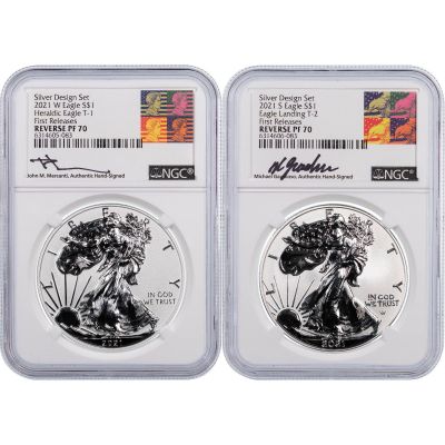Set of 2: 2021-W Type 1 & 2021-S Type 2 Rev PF American Silver Eagles NGC PF70 First Release Mercanti/Gaudioso Label