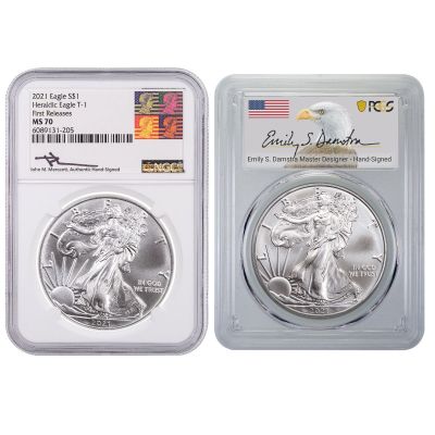 Set of 2: 2021 ASE Mercanti Label NGC MS70 First Release & 2021 ASE Damstra Label PCGS MS70 First Strike With Mile Standish ASE Book