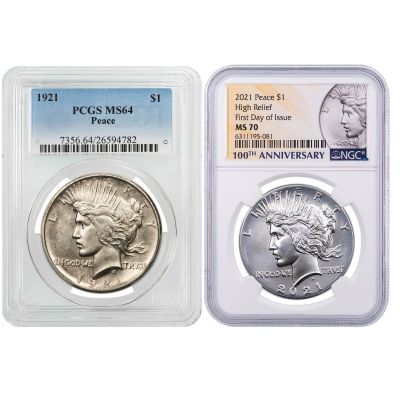 Set of 2: 1921 Peace Dollar NGC/PCGS MS64 & 2021 Peace Dollar NGC MS70 First Day of Issue