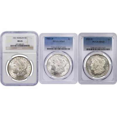 Set of 3: 1921-P, 1921-D, 1921-S Morgan Dollars NGC/PCGS MS65