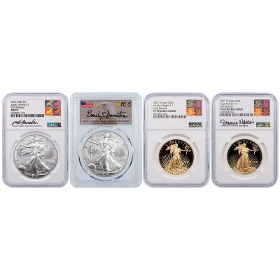 Set of 4: 2021 Type 1 and Type 2 American Gold Eagle Reagan & Jennie Norris First Release, 2021 Type 2 American Silver Eagle Gaudioso & Damstra Label NGC/PCGS PF70UCAM/MS70