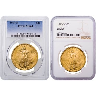 Historic San Francisco Gold Coins! Set of 2: 1914-S & 1915-S Saint-Gaudens $20 Gold Double Eagle MS64