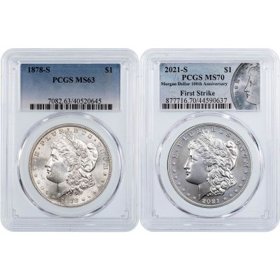 Set of 2: 1878-S Morgan Dollar NGC/PCGS MS63 and 2021-S Morgan Dollar PCGS MS70