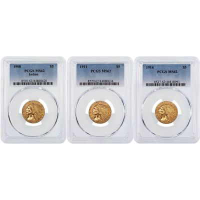 Set of 3: 1908-P, 1911-P, and 1914-D $5 Indian Head Gold Half Eagles NGC/PCGS MS62
