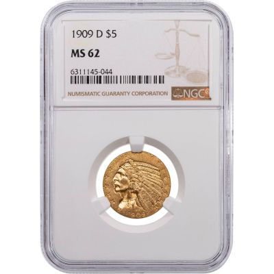 1909-D Indian $5 Gold Half Eagle NGC MS62     